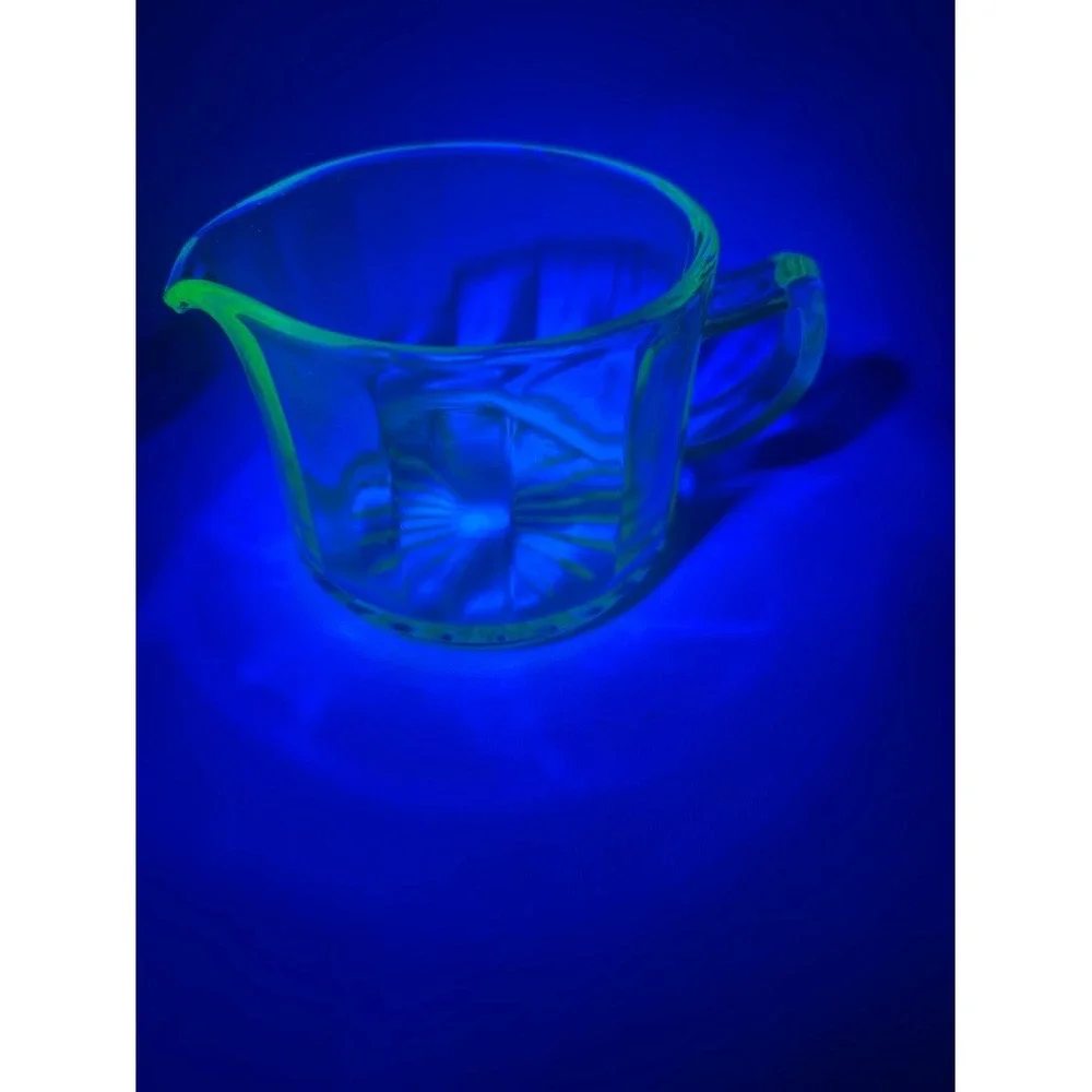 Vintage Uranium Glass Creamer and Sugar Bowl Set Paneled Starburst UV Reactive